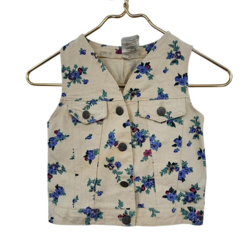 Vintage Girls White Denim Floral Sleeveless Vest Size‎ 4 Made In U.S.A.